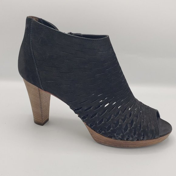 Paul Green Tacey Bootie 9 Black Nubuck Peep Toe Heels Slashed Uppers - Picture 9 of 13